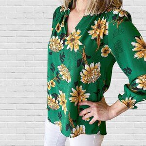 emerald green and yellow flower blouse